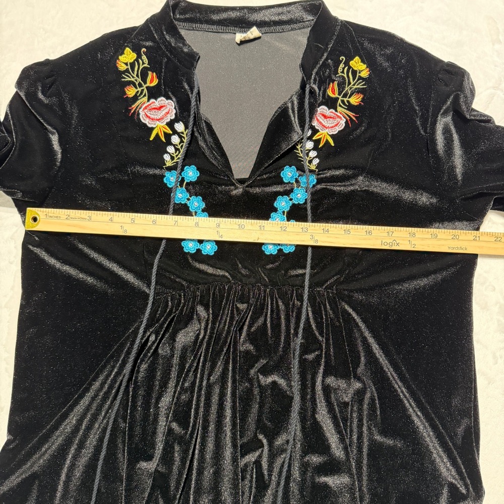 Black Velvet Embroidered Dress Fairy Grunge Whimsigoth Boho Balloon Sleeve XL - Picture 8 of 9